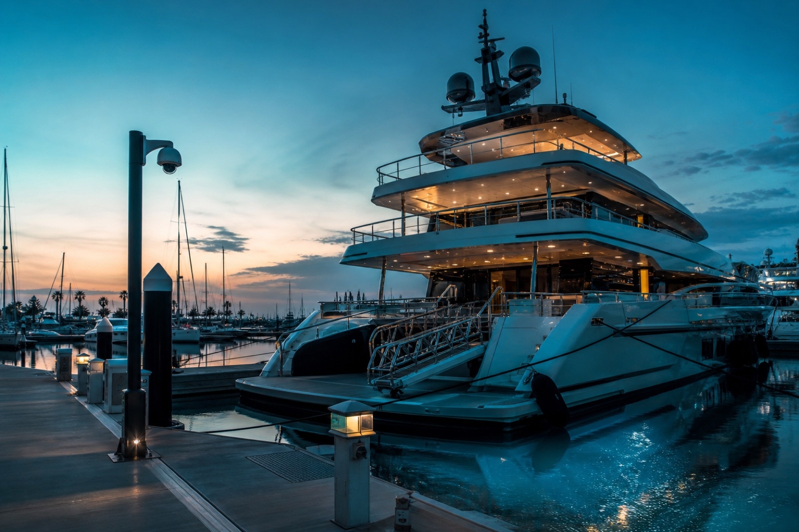 Luxury yacht at marina with security surveillance
